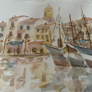 Charming Watercolor Painting of St. Tropez Harbor 1980s.